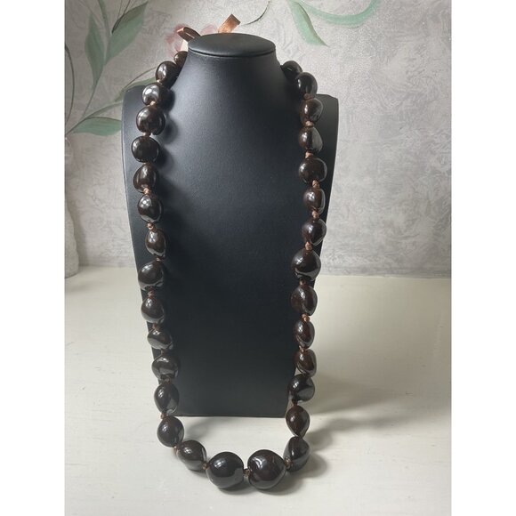 Genuine Kukui Tree Nut Necklace With Brown Ribbon #2 - Picture 1 of 5